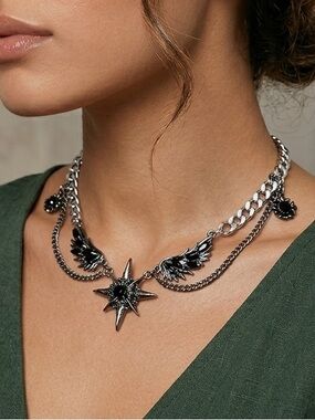 Antique Silver Star & Wing Layered Pendant Necklace
